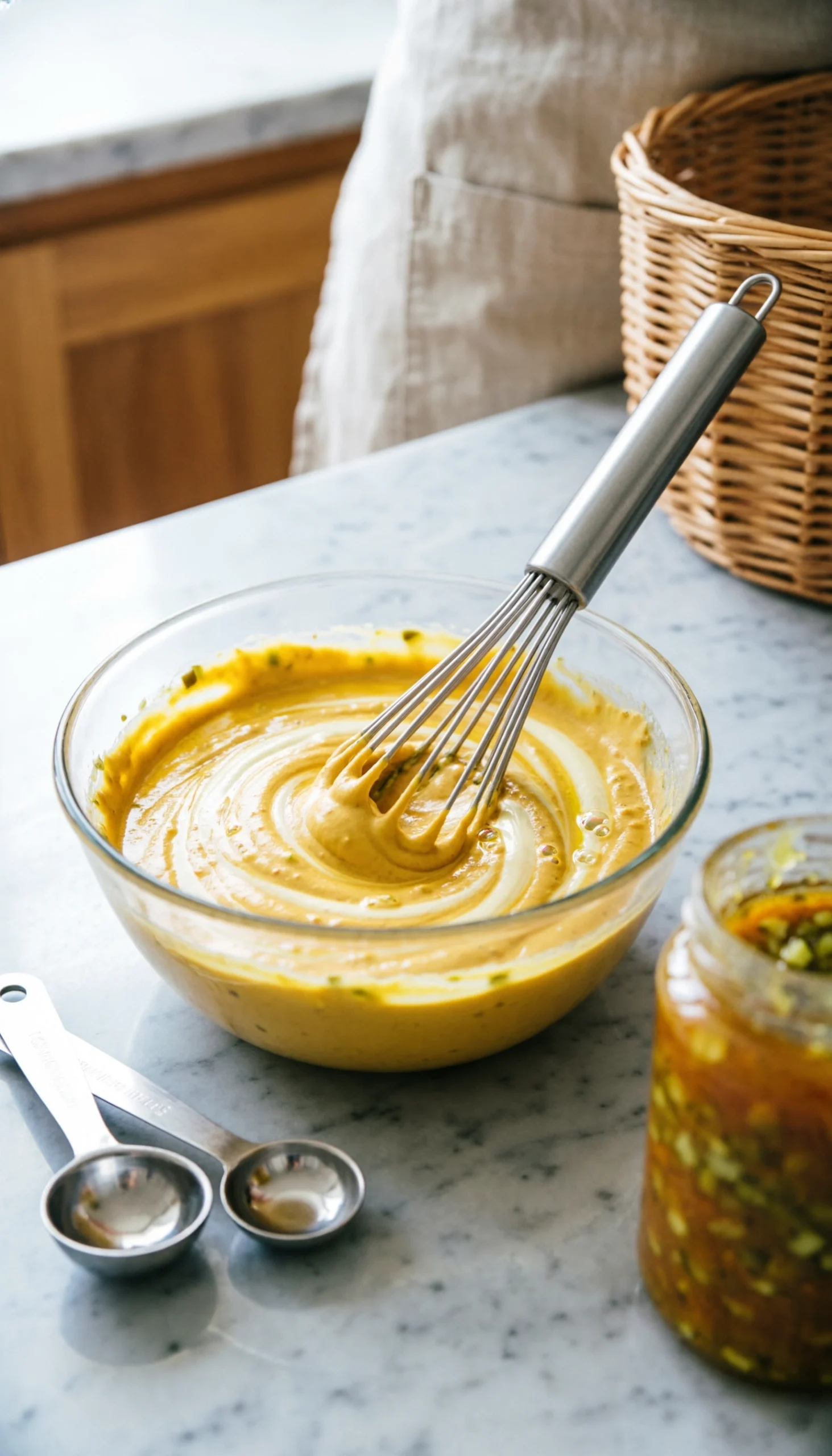 Creamy mustard dressing with sweet relish being mixed with a wire whisk in a glass bowl on a bright marble countertop.