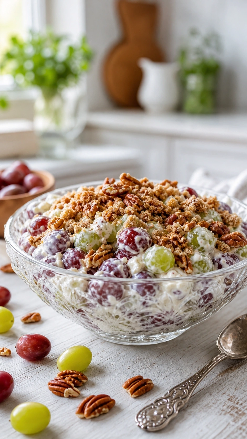 Creamy no-cook grape salad with red and green grapes, brown sugar, and toasted pecans in an elegant glass bowl.