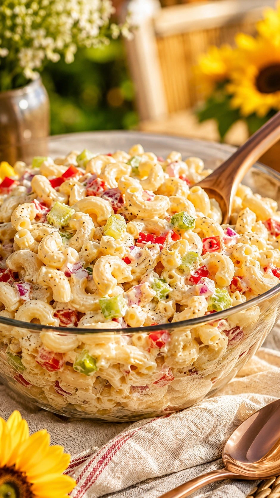 Creamy overnight macaroni salad with red bell peppers and celery in a glass bowl on a linen tablecloth patio setting.