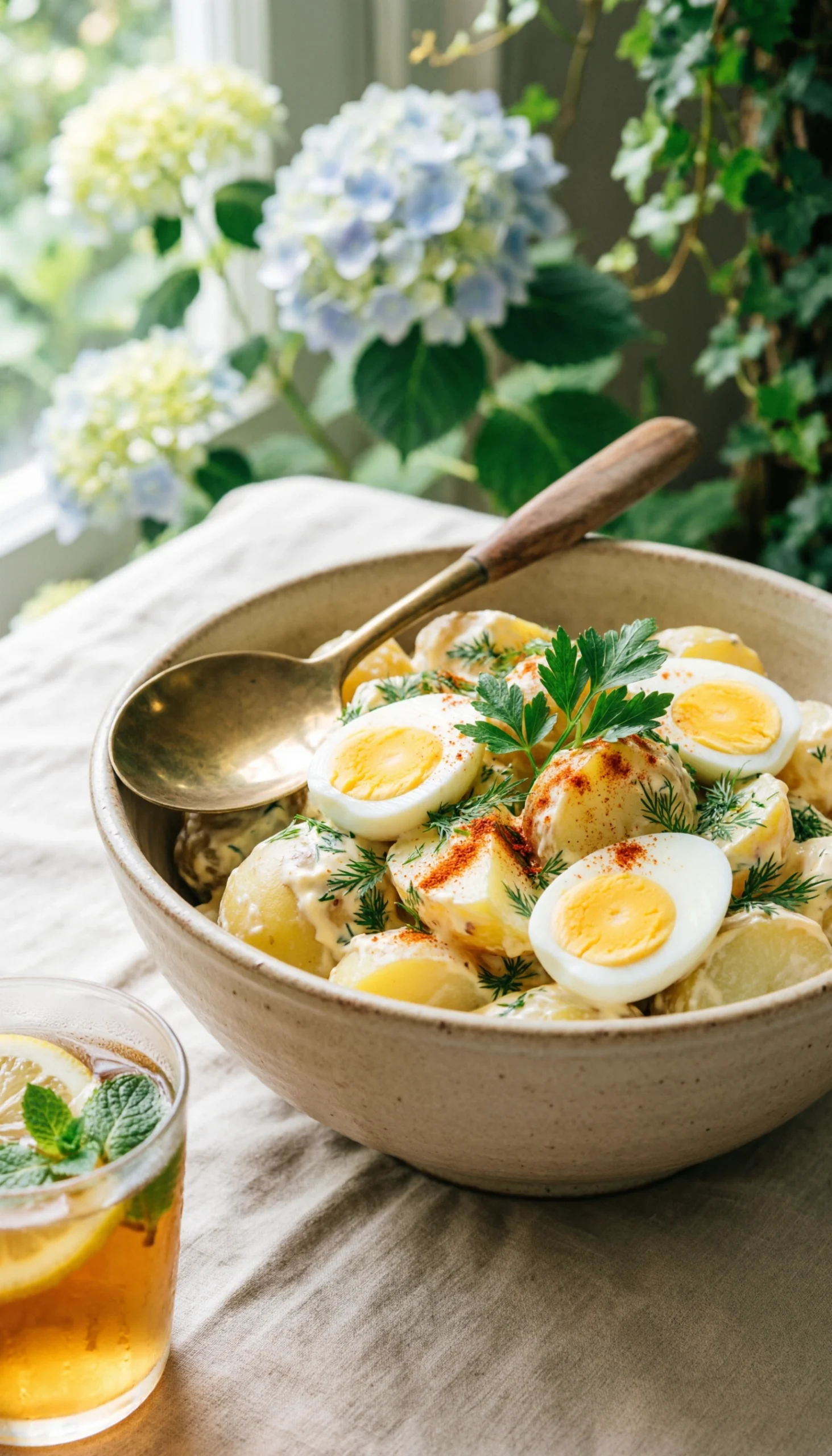 Creamy potato salad in a rustic bowl garnished with fresh dill, smoked paprika, and eggs on a picnic tablecloth.