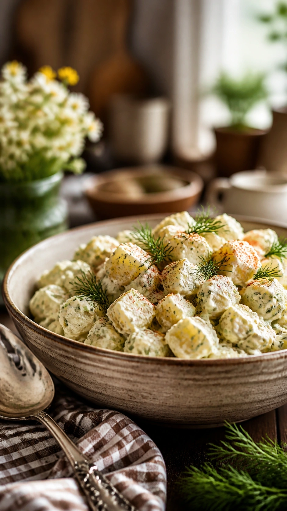 Creamy potato salad topped with fresh dill and paprika in a rustic bowl on a wooden table with a silver spoon.