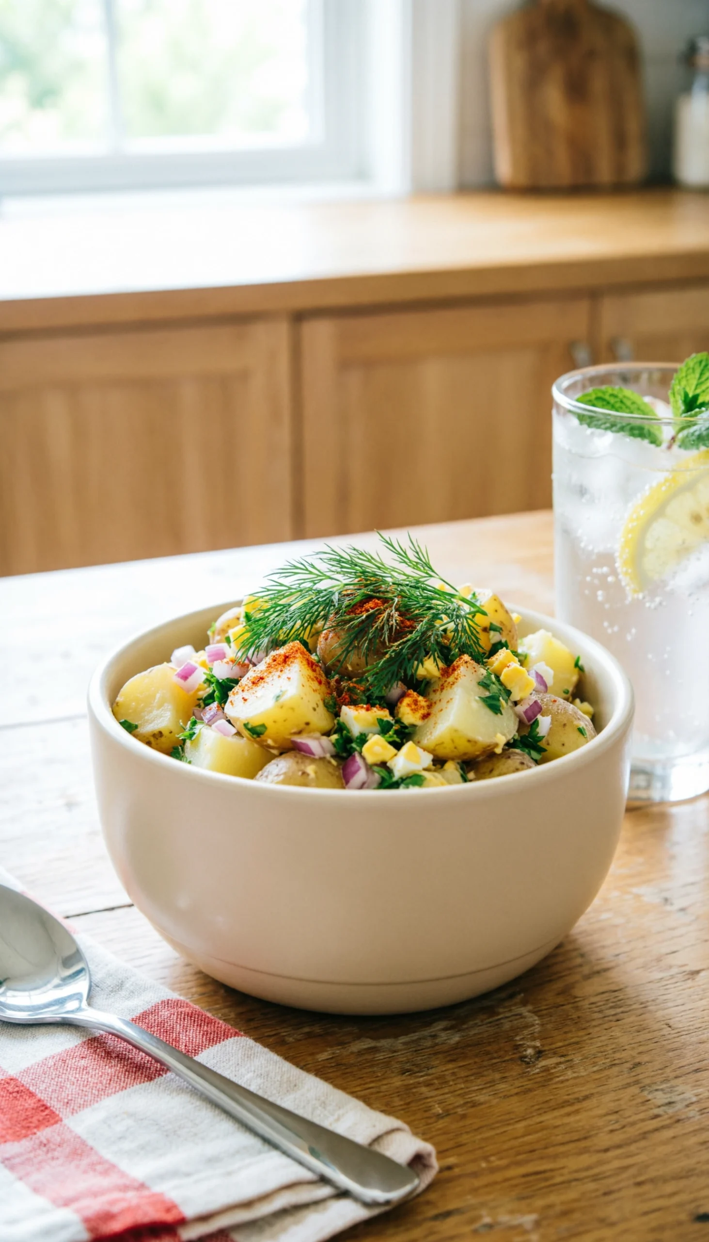 Creamy potato salad with fresh dill and paprika in an insulated bowl on a rustic wooden table for a summer party.