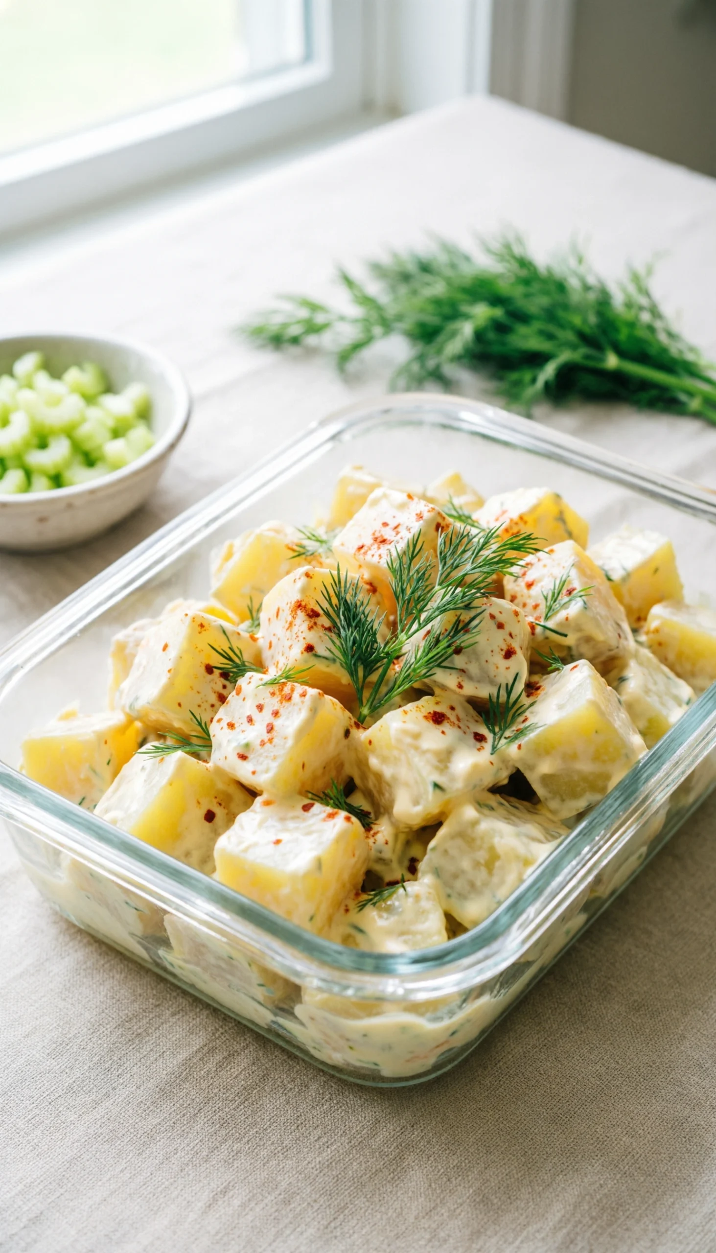 Creamy potato salad with yellow potatoes, fresh dill, and paprika in a glass container on a linen tablecloth.
