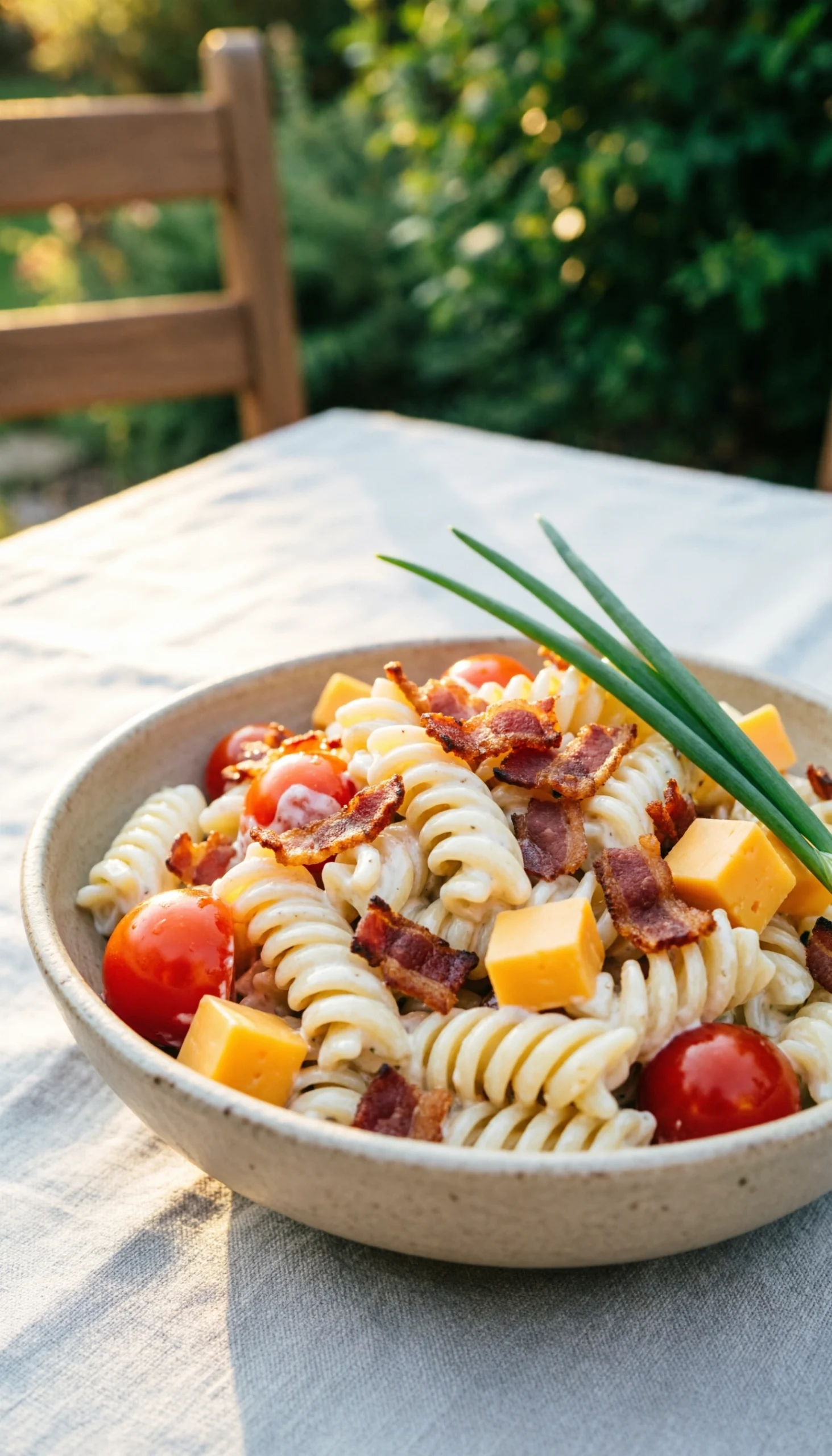 Creamy ranch bacon pasta salad with rotini, cherry tomatoes, and cheddar cheese served in a rustic bowl at a backyard BBQ.
