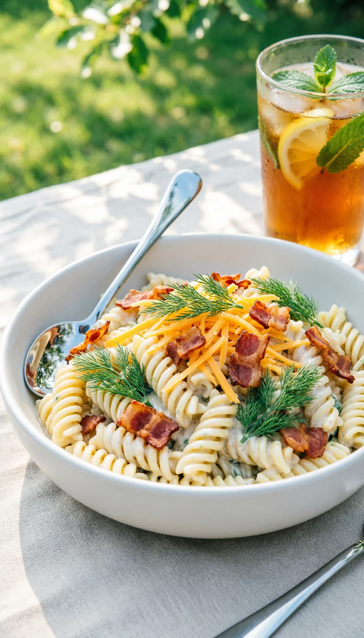 Creamy ranch dressing poured over tri-color rotini pasta, bacon, and vegetables in a rustic wooden serving bowl.