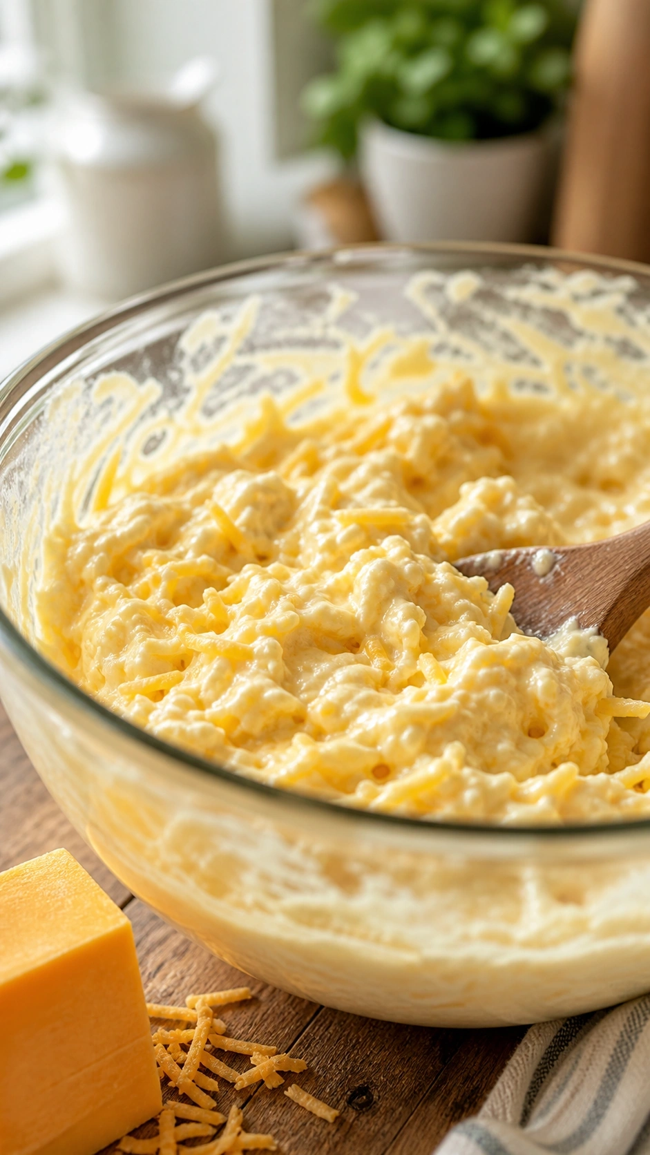 Creamy shredded hashbrowns mixed with cheddar cheese and sour cream in a glass bowl on a rustic wooden table.