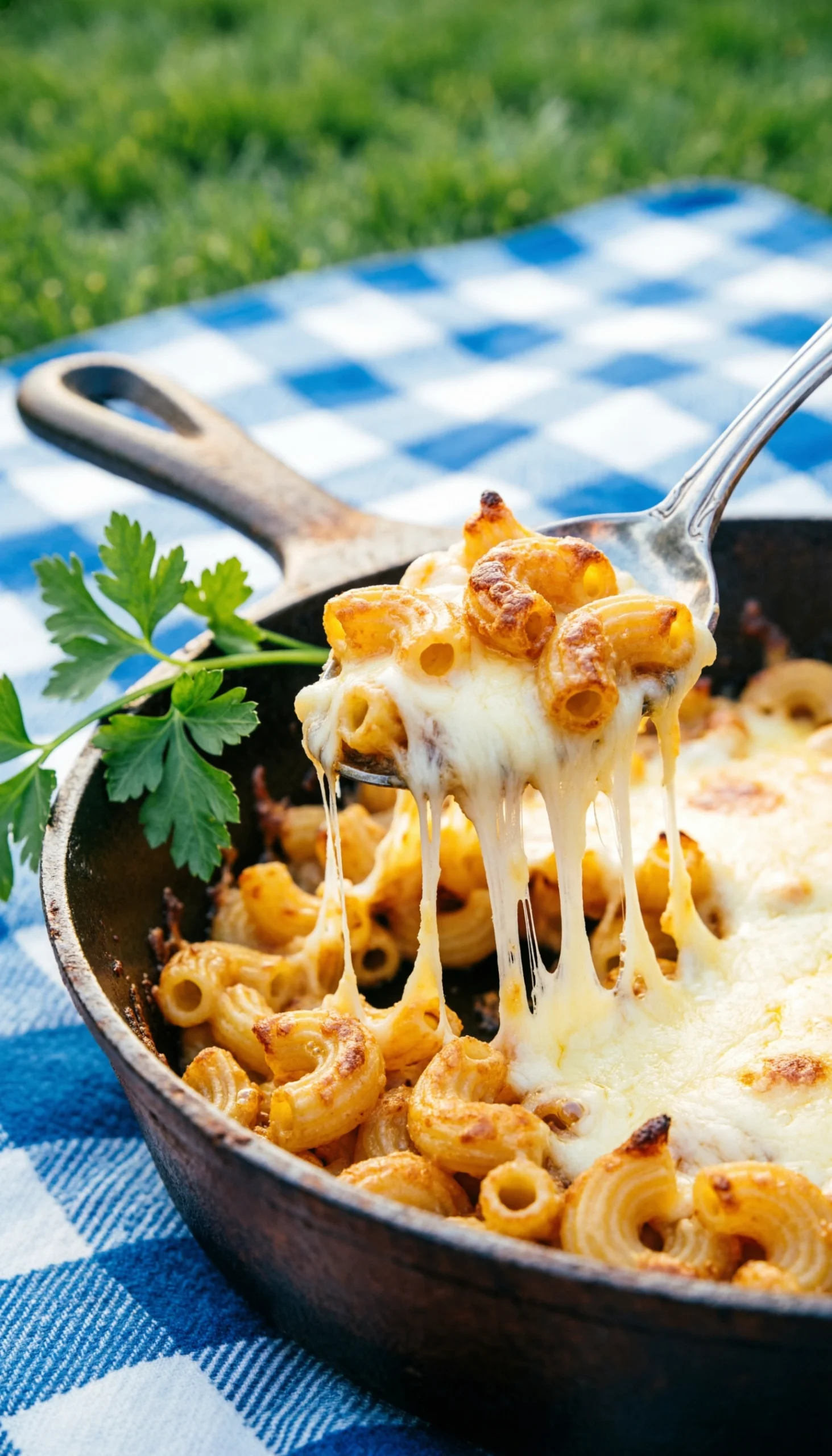 Creamy southern-style baked macaroni and cheese with a gooey cheese pull from a rustic cast iron skillet.