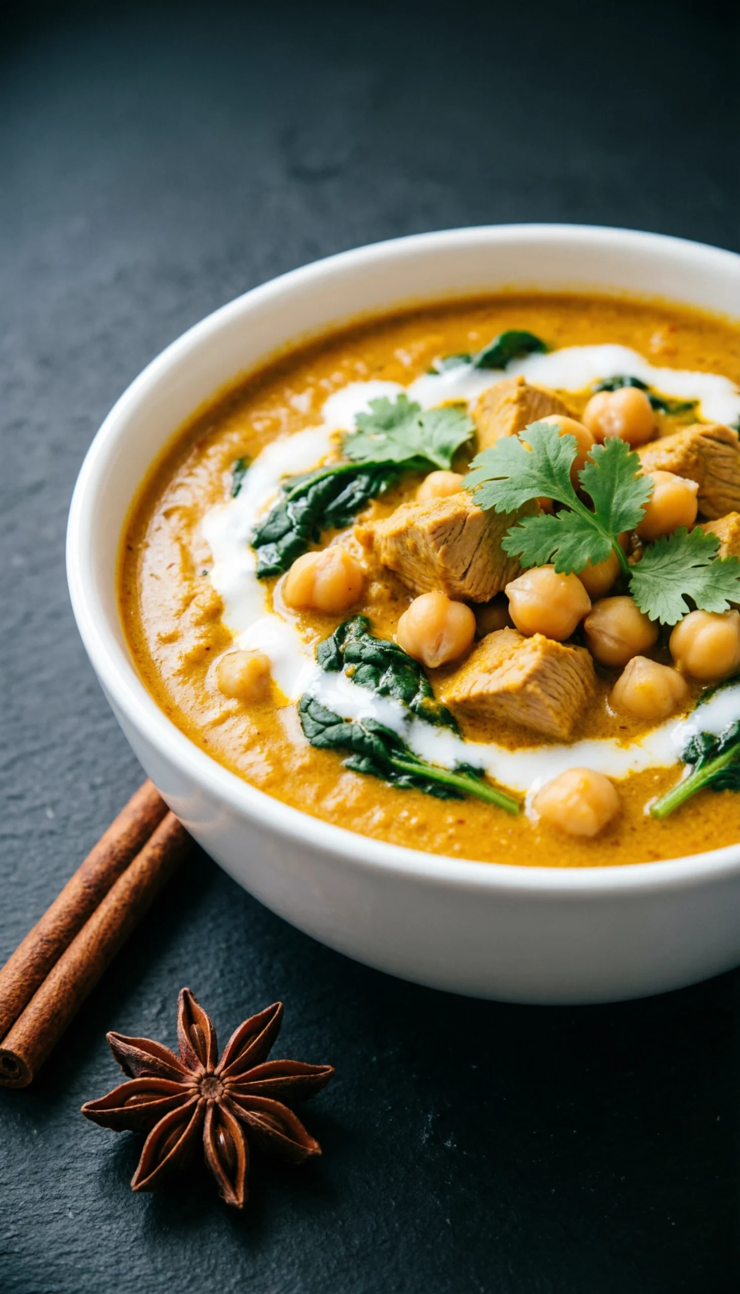 Creamy turkey curry garnished with coconut cream and fresh cilantro in a white bowl over a dark, moody background.