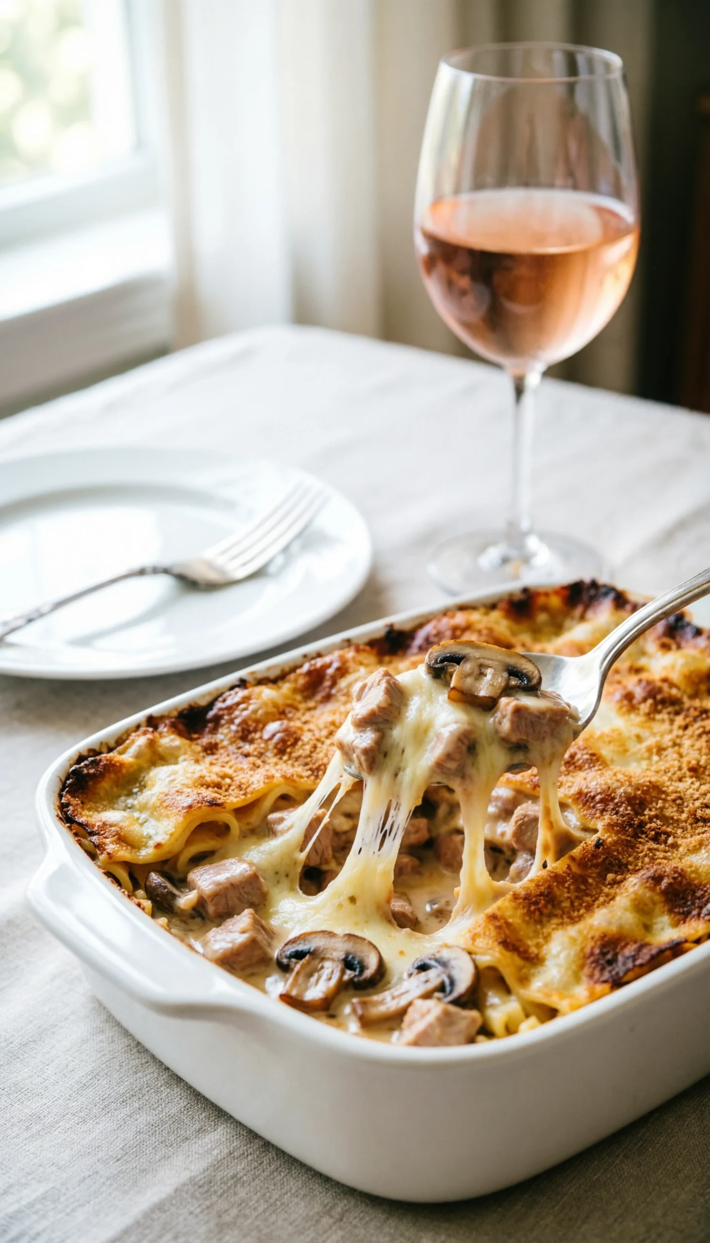 Creamy turkey tetrazzini casserole with a golden breadcrumb topping and melted cheese in a white ceramic baking dish.