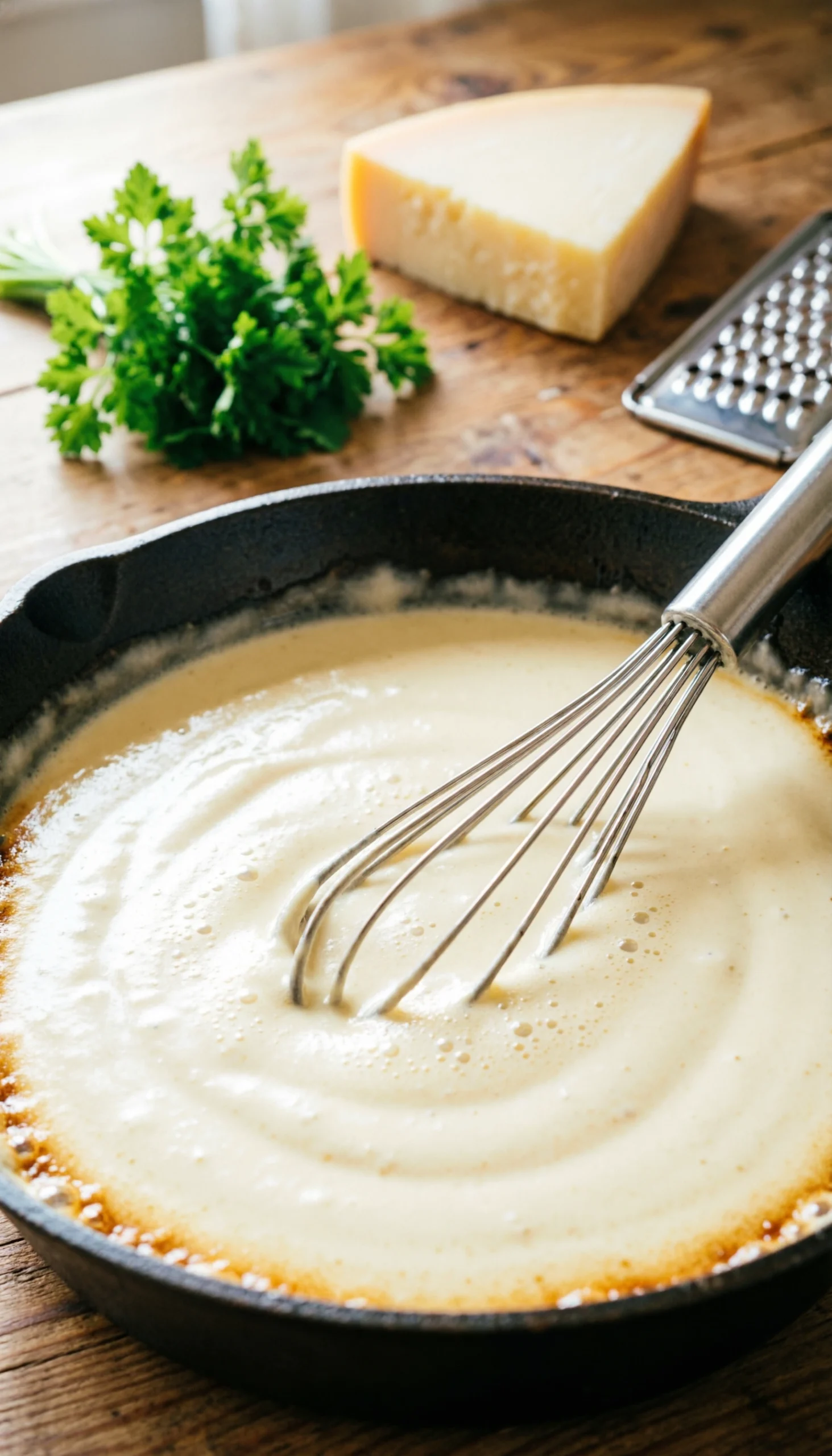Creamy white Alfredo sauce simmering in a dark cast iron skillet with a stainless steel whisk and fresh parsley.