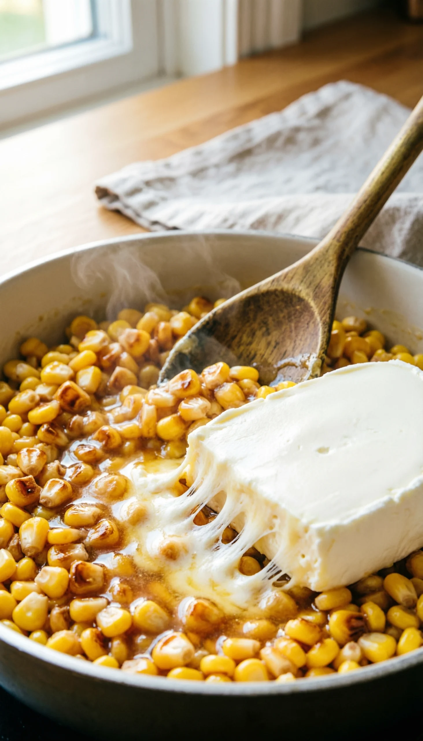 Creamy white cream cheese melting into a skillet of hot honey butter corn to create a rich and luxurious sauce.