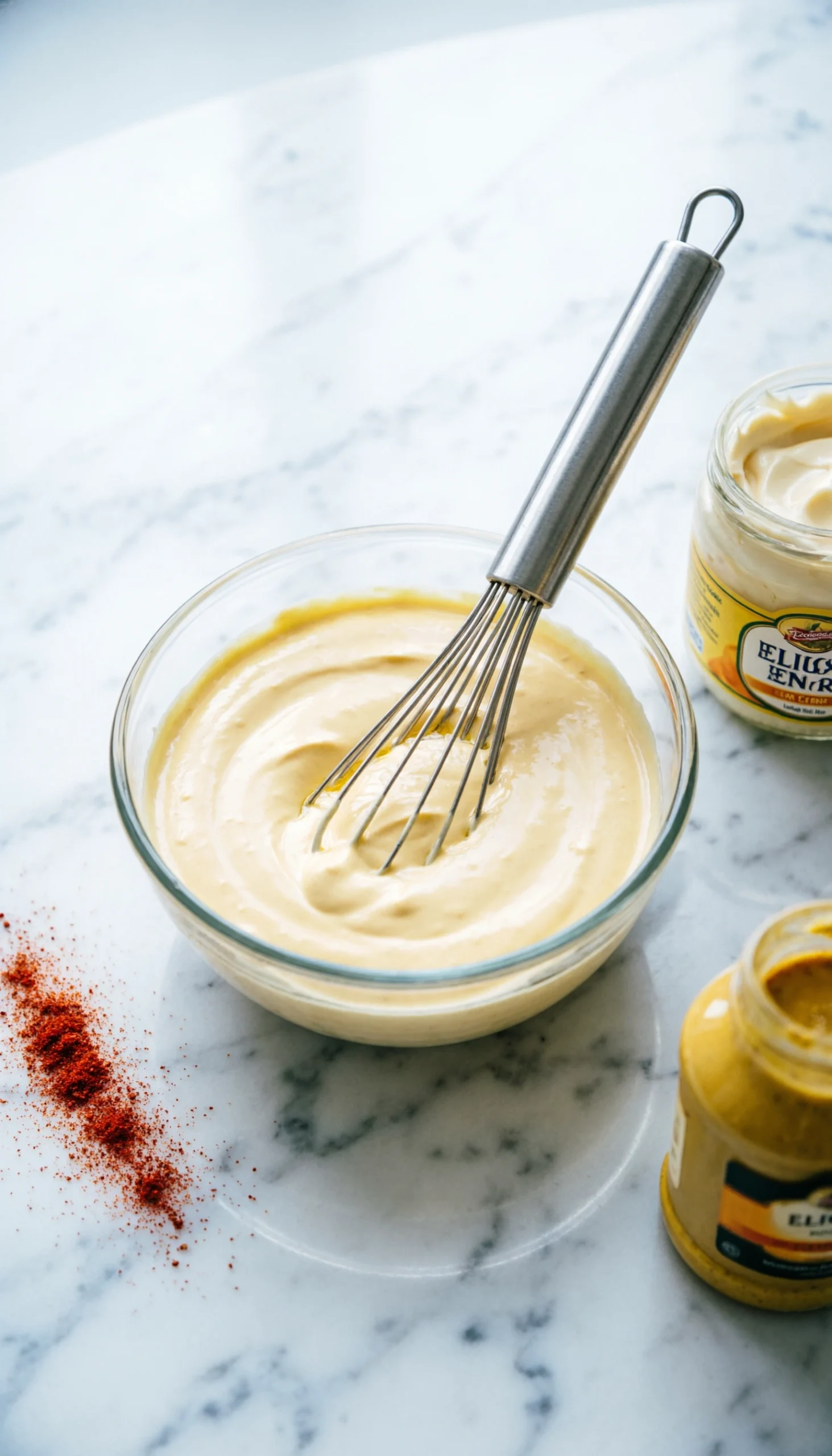 Creamy yellow dressing in a glass bowl with a wire whisk on a white marble countertop with ingredients.