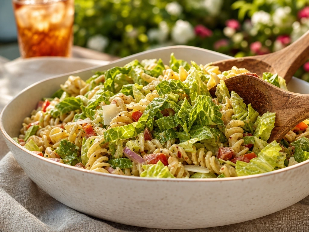 Crisp chopped romaine lettuce being folded into a colorful grinder pasta salad in a ceramic bowl at an outdoor picnic.