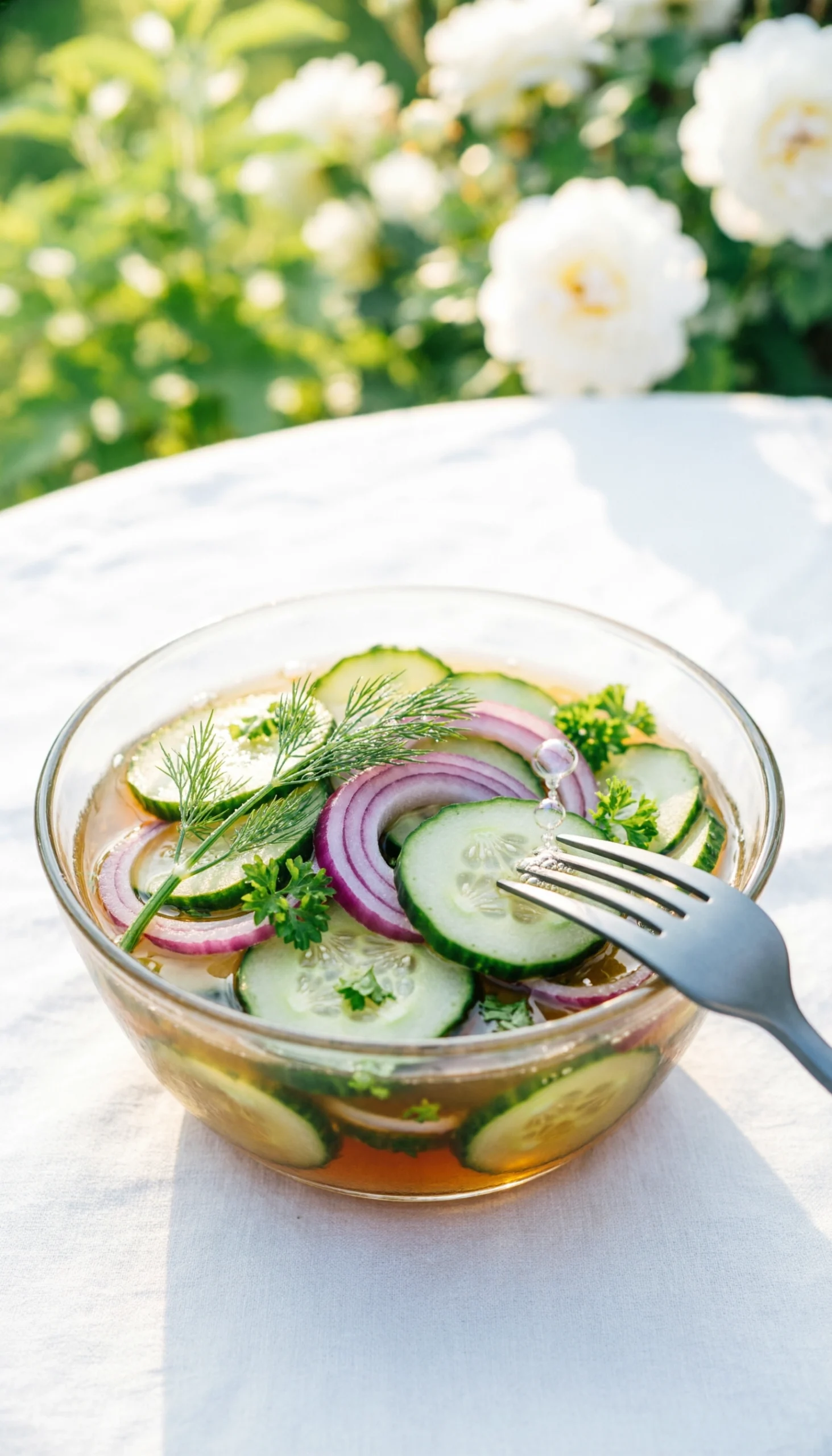 Crisp cucumber vinegar salad with thin slices and red onion rings in a glass bowl on a white linen tablecloth in a garden.
