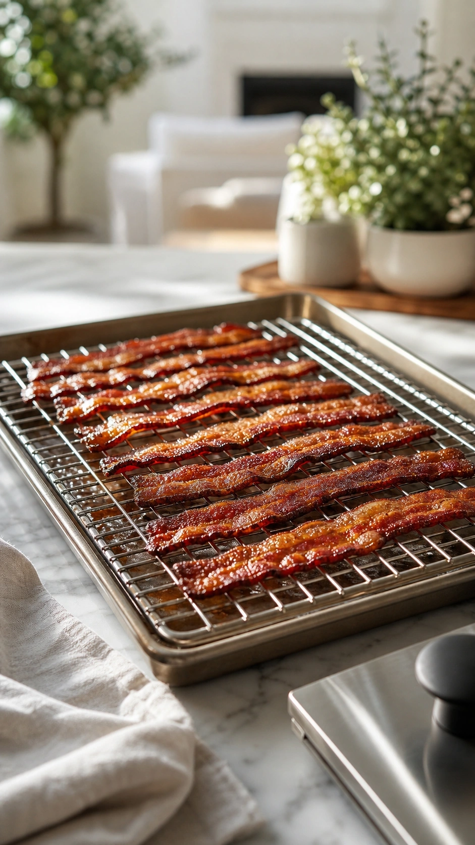 Crisp mahogany-brown thick-cut bacon strips draining on a wire rack over a baking sheet on a marble counter.