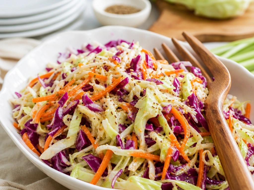 Crisp vinegar-based coleslaw with shredded green and purple cabbage and carrots in a white ceramic dish.