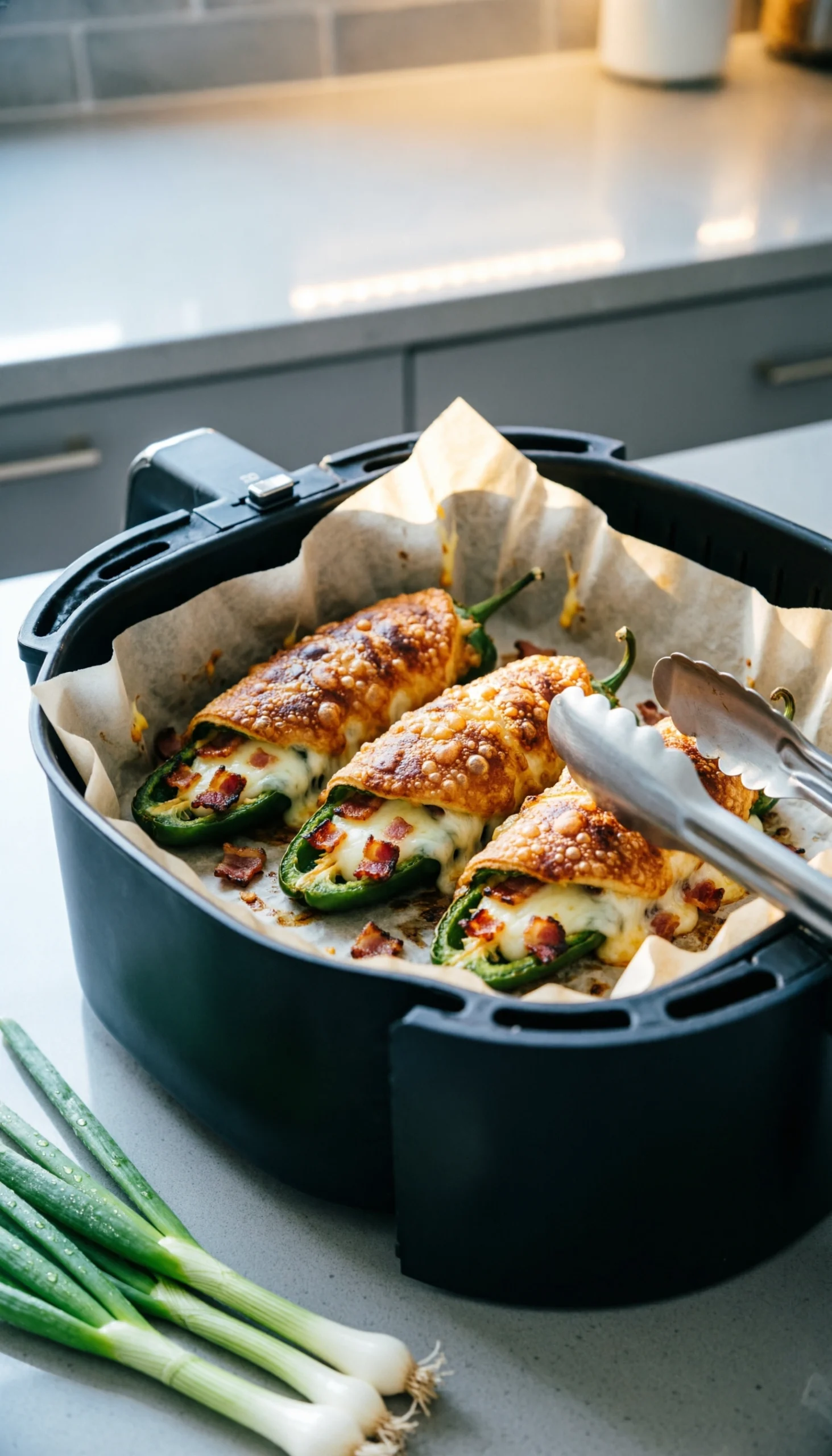 Crispy air fryer jalapeno poppers with melted cheese and caramelized bacon inside a modern black air fryer basket.