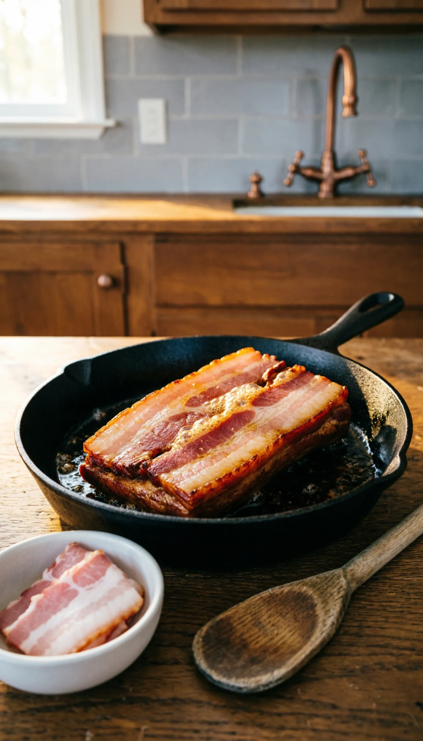 Crispy applewood smoked bacon sizzling in a cast iron pan on a rustic wooden table, with a vintage spoon and raw bacon.