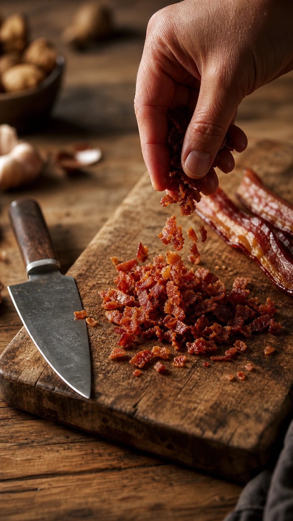 Crispy cooked bacon strips being crumbled on a rustic wooden cutting board next to a professional chef’s knife.