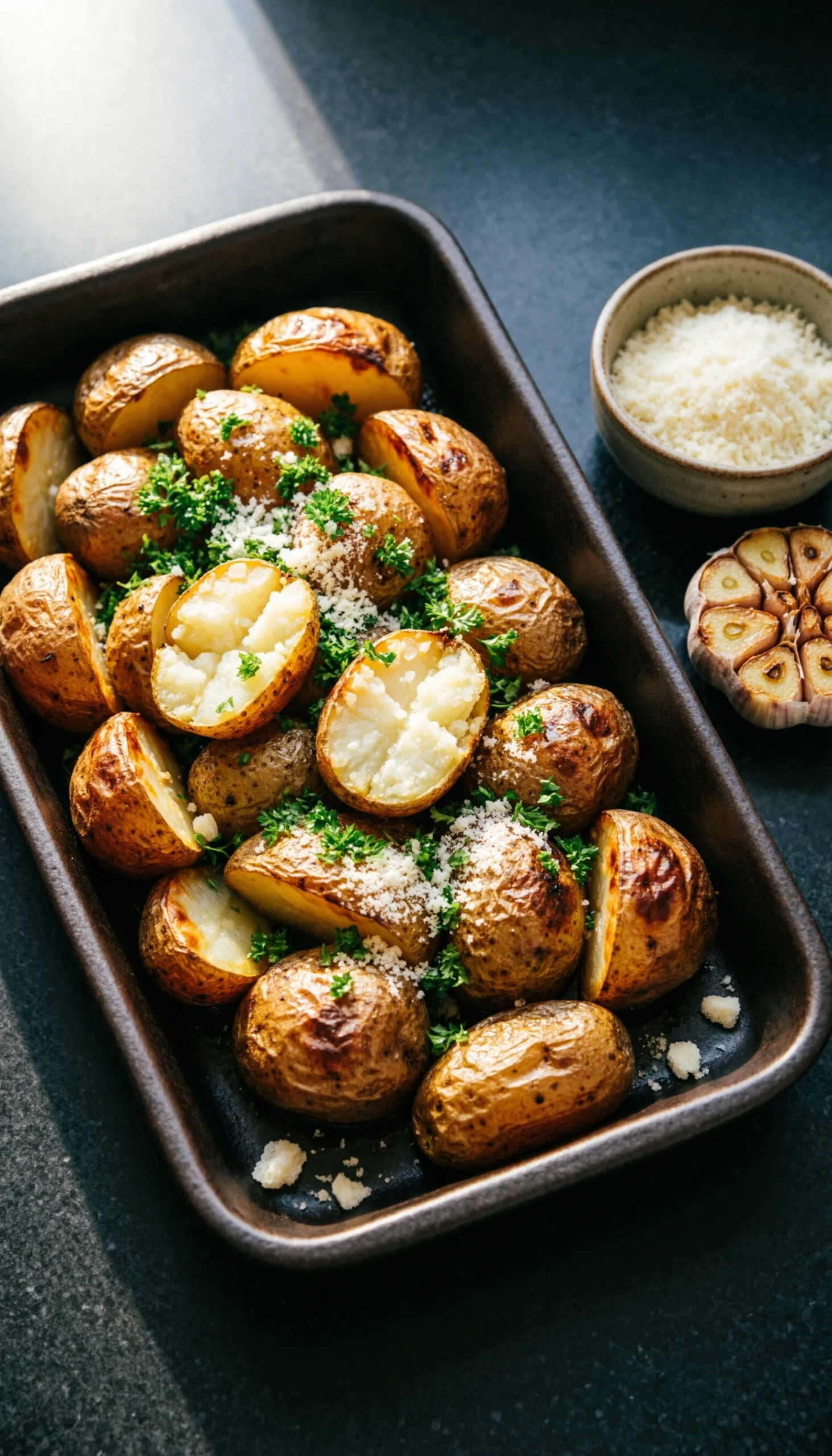 Crispy garlic parmesan roasted potatoes with fresh parsley on a rustic dark baking sheet top-down view.