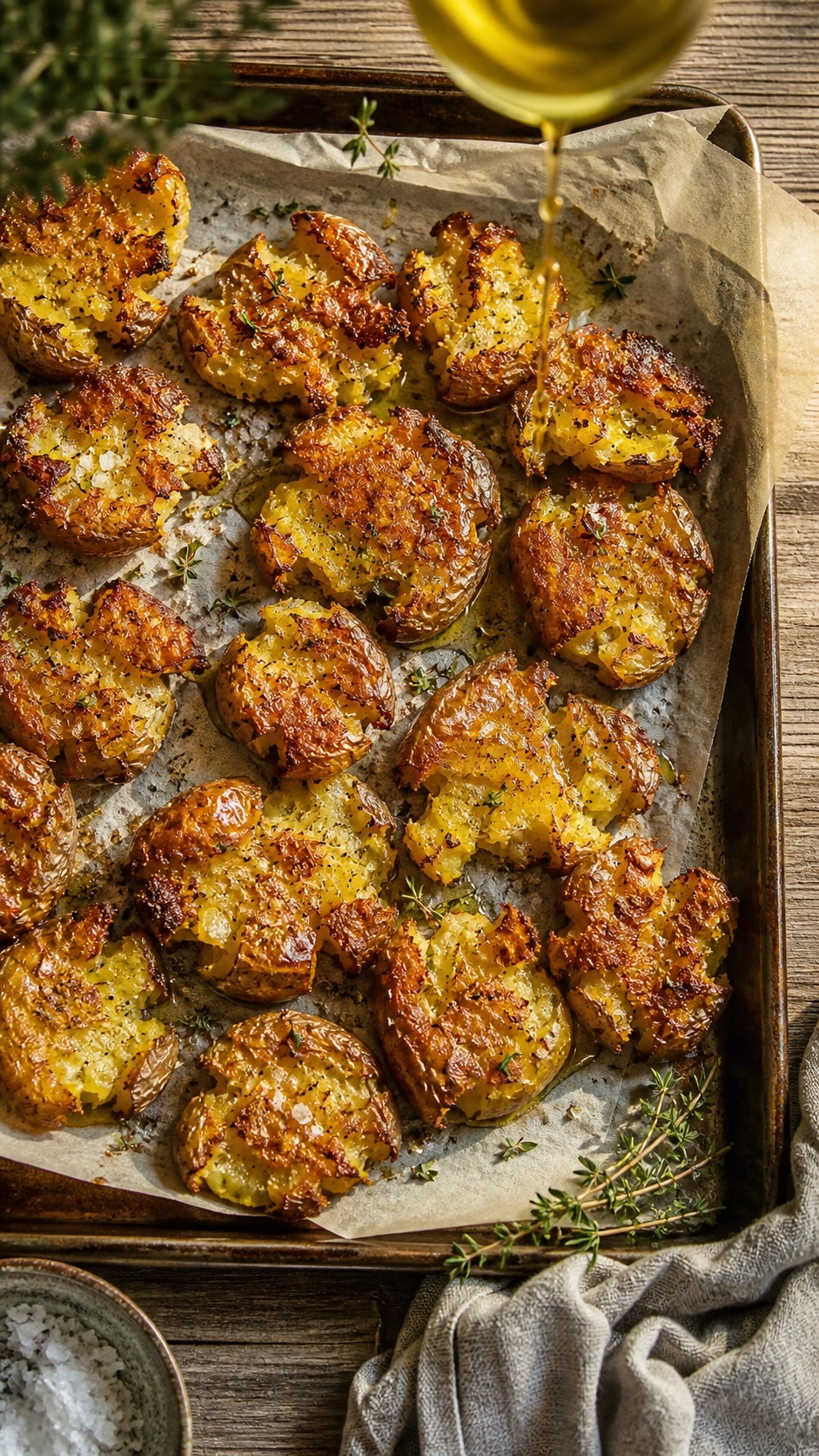 Crispy golden roasted smashed potatoes with sea salt and fresh thyme on a parchment-lined sheet pan flat lay.