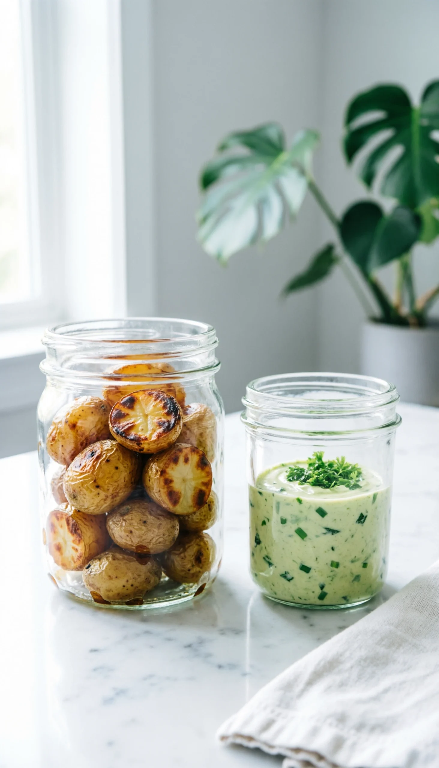 Crispy roasted potato salad with creamy dressing, fresh chives, and bacon bits in a large ceramic serving bowl.