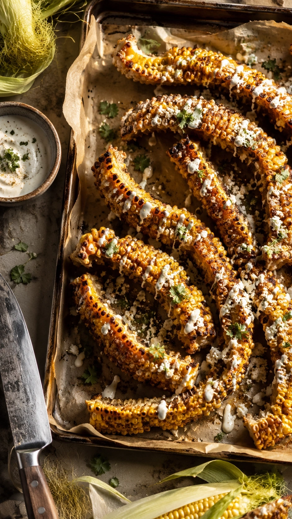 Crispy street corn ribs, deeply roasted and curled, drizzled with white crema, cotija cheese, and cilantro on a baking sheet.