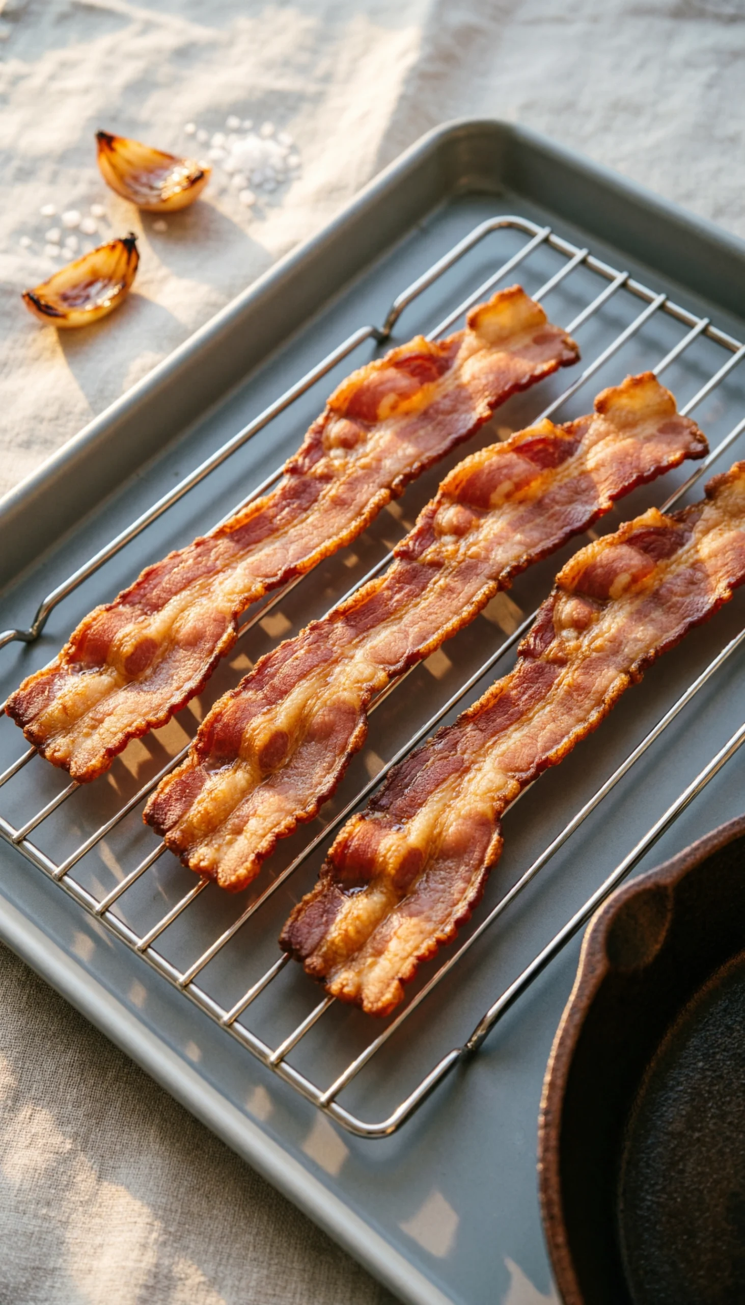 Crispy thick-cut golden bacon strips cooling on a stainless steel wire rack over a baking sheet in a kitchen.