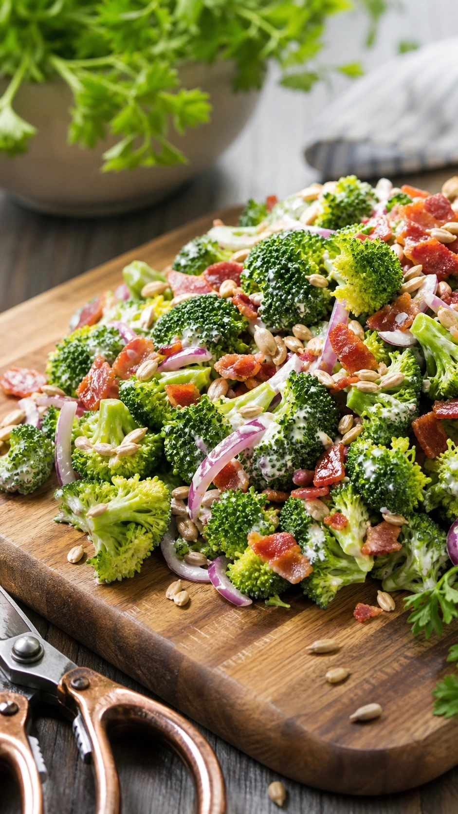 Crunchy broccoli bacon salad with sunflower seeds and creamy dressing on a rustic wooden cutting board in a kitchen.