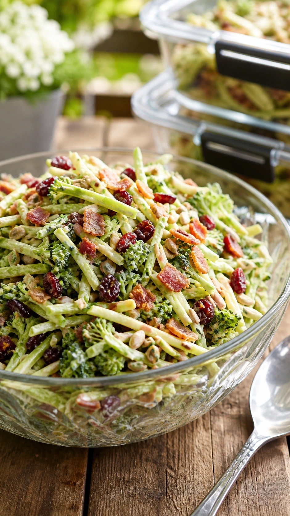 Crunchy broccoli bacon slaw with dried cranberries and sunflower seeds in a glass bowl on a rustic wood table.