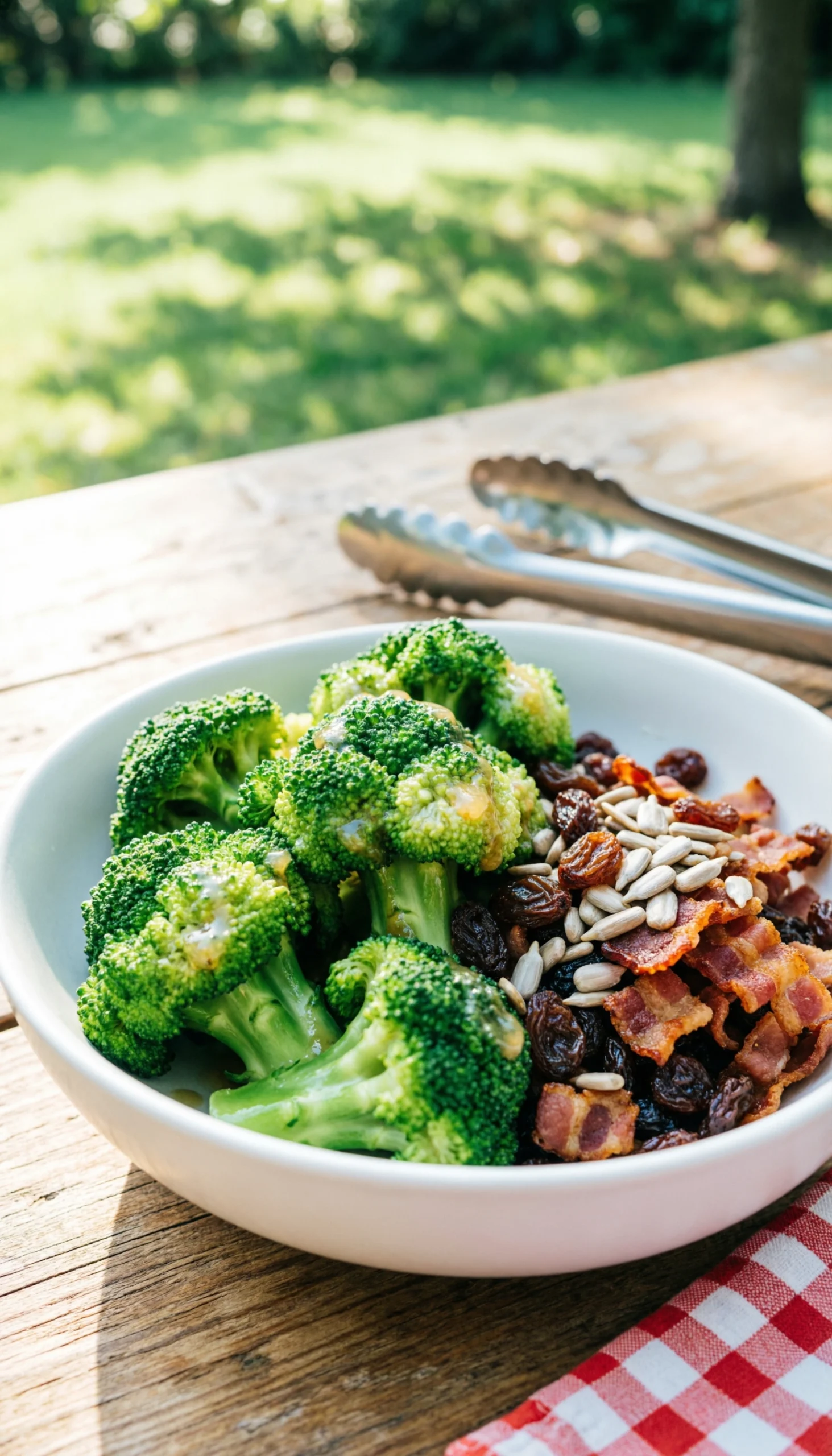 Crunchy broccoli salad with raisins, bacon bits, and sunflower seeds in a bowl on a rustic wooden table at an outdoor picnic.