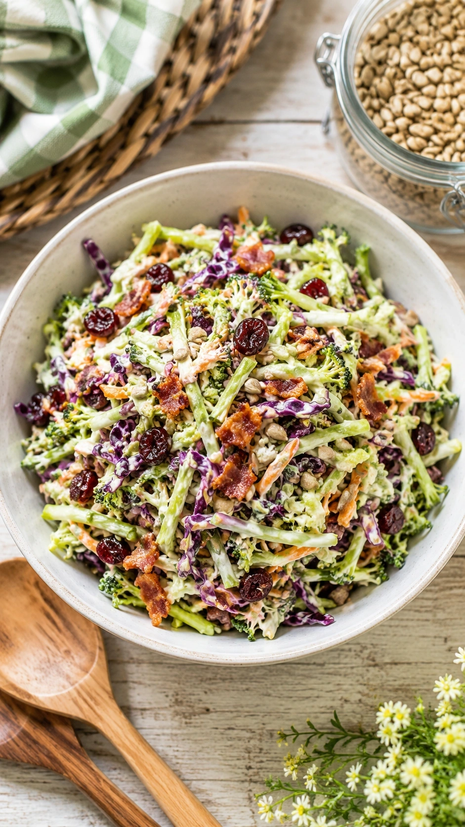 Crunchy broccoli slaw with sunflower seeds, cranberries, and bacon in a white bowl on a light wooden tabletop.