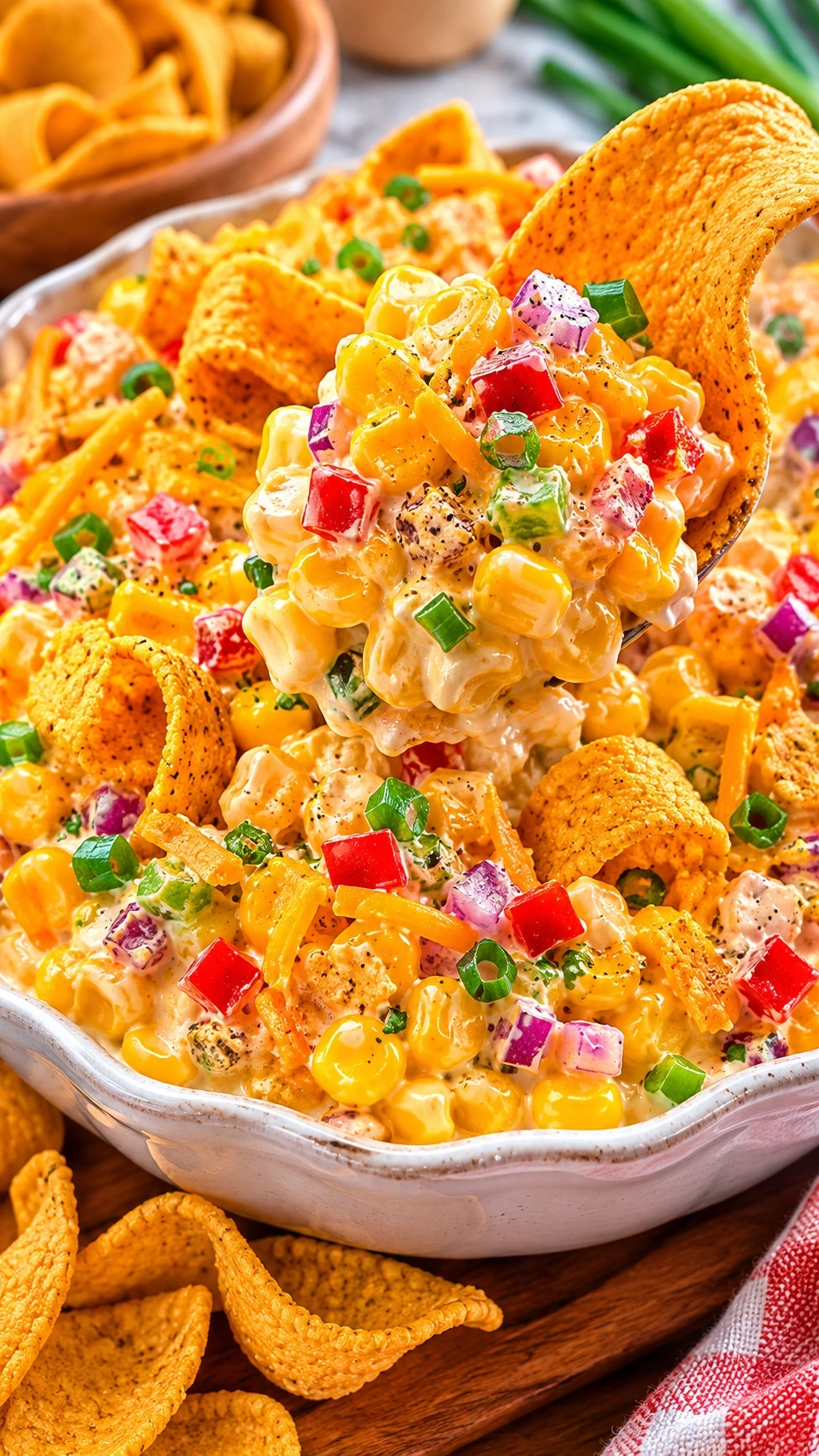Crunchy corn chips scooping creamy crack corn salad from a vibrant ceramic platter on a wooden serving tray.