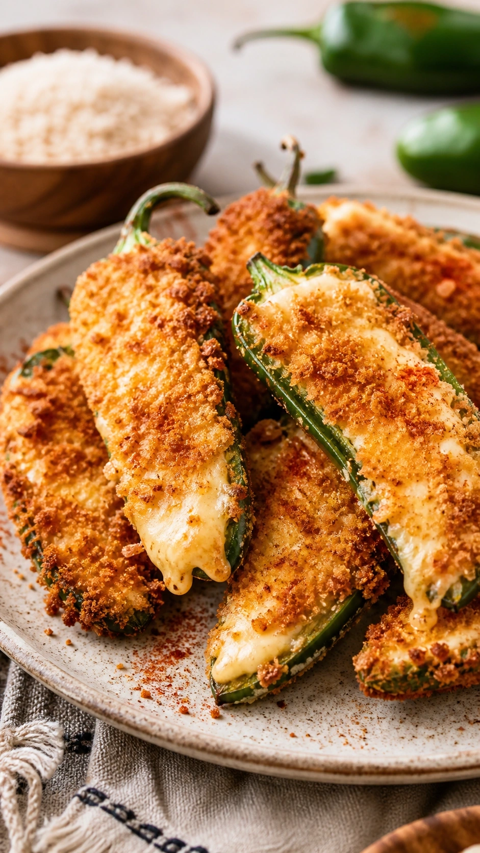 Crunchy golden panko crusted vegetarian jalapeno poppers oozing with melted cheese on a vintage ceramic plate.