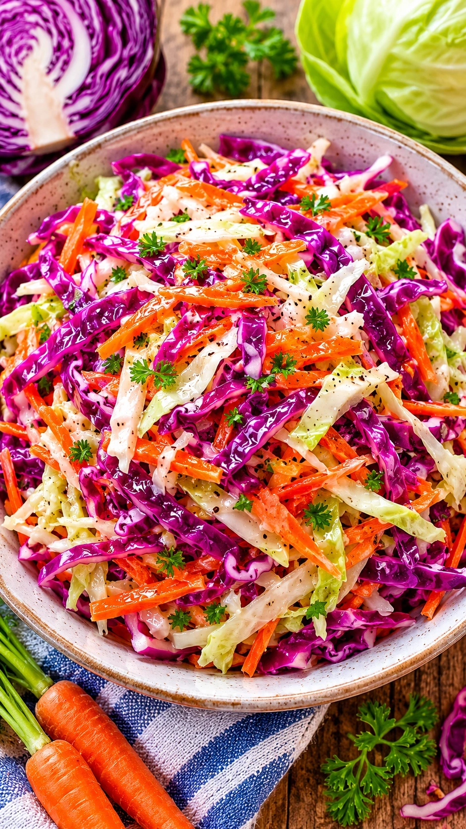 Crunchy vinegar-based coleslaw with purple cabbage and carrots served on a vintage ceramic plate for a picnic.