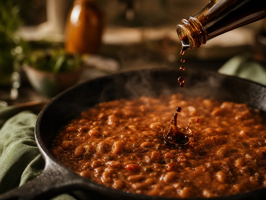Dark Worcestershire sauce splashing into a thick bean mixture in a cast iron skillet with warm golden hour light.