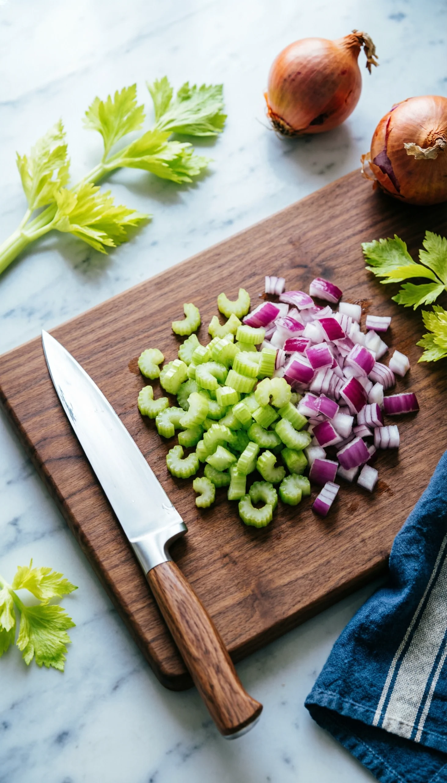 Diced green celery and vibrant red onion on a walnut cutting board with a chef’s knife, ready for a fresh summer salad.