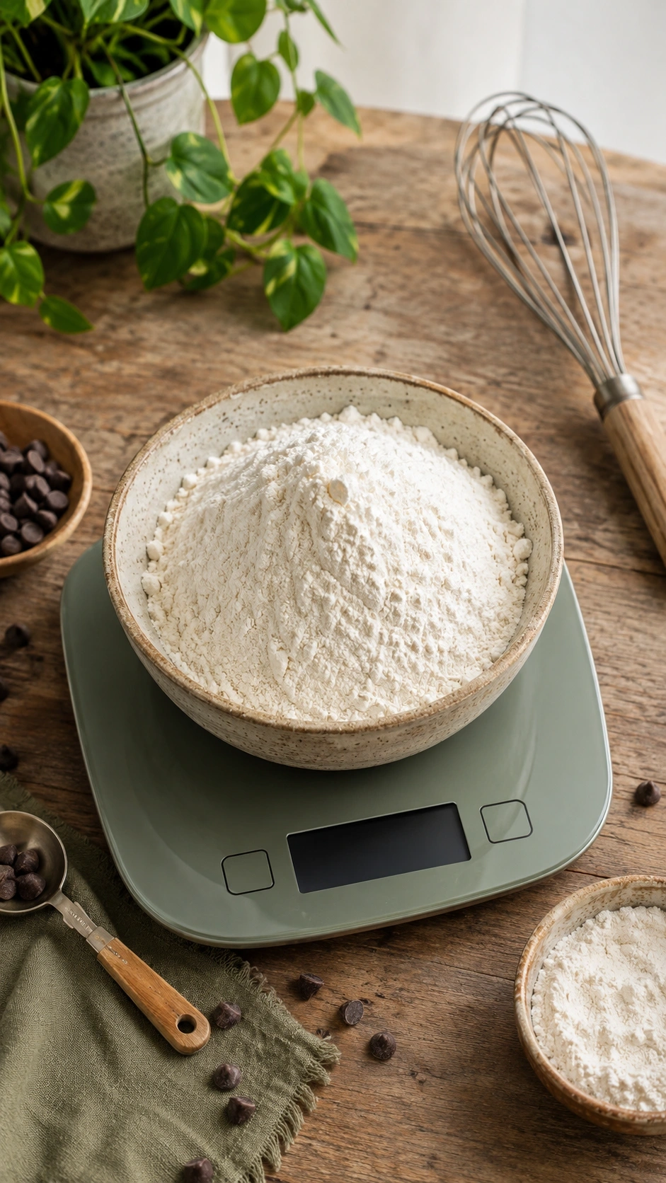Digital food scale weighing bread flour in a ceramic bowl on a rustic wooden table for gourmet cookie dough prep.