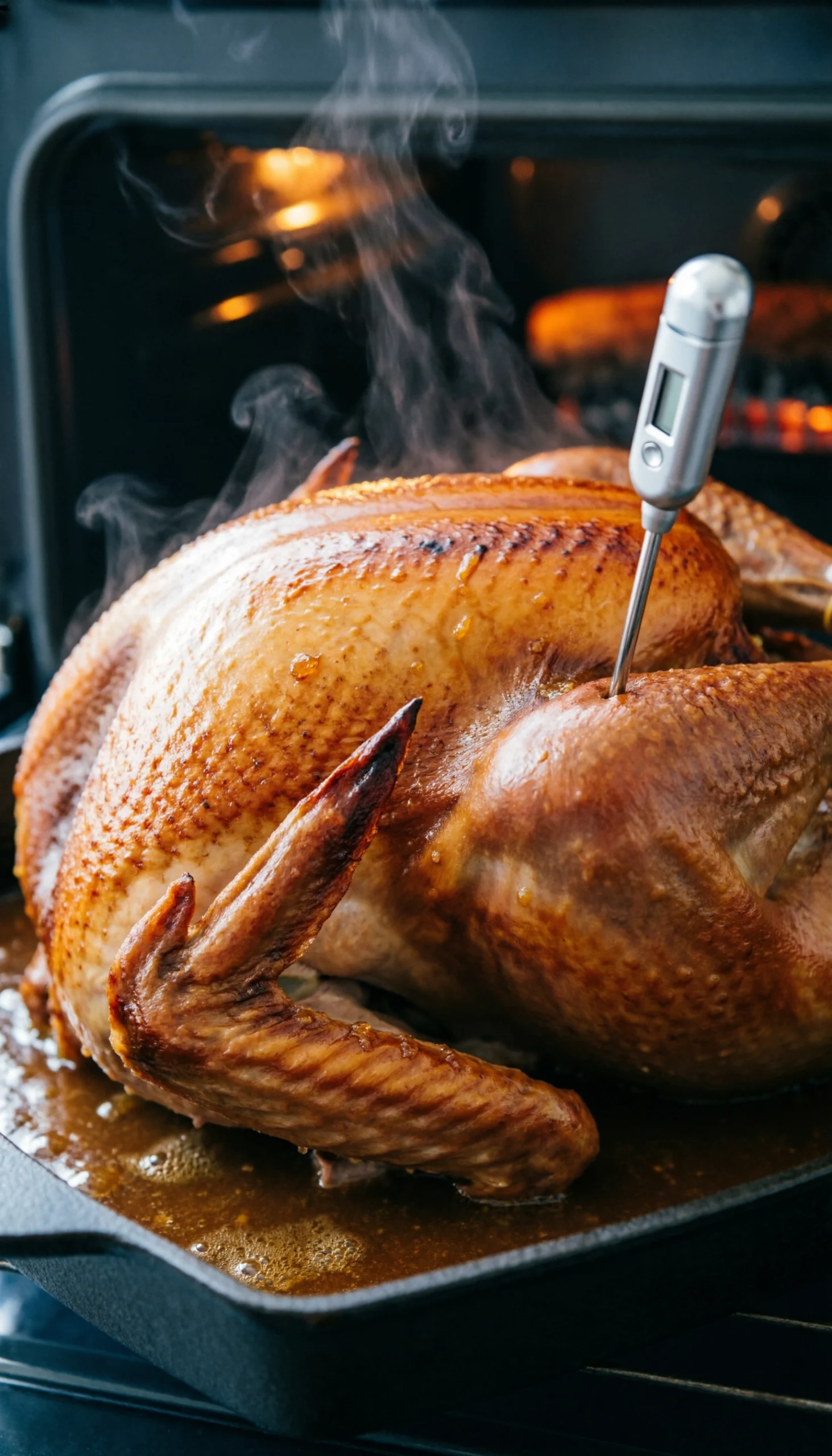 Digital meat thermometer checking the internal temperature of a crispy, golden brown roasted Thanksgiving turkey.