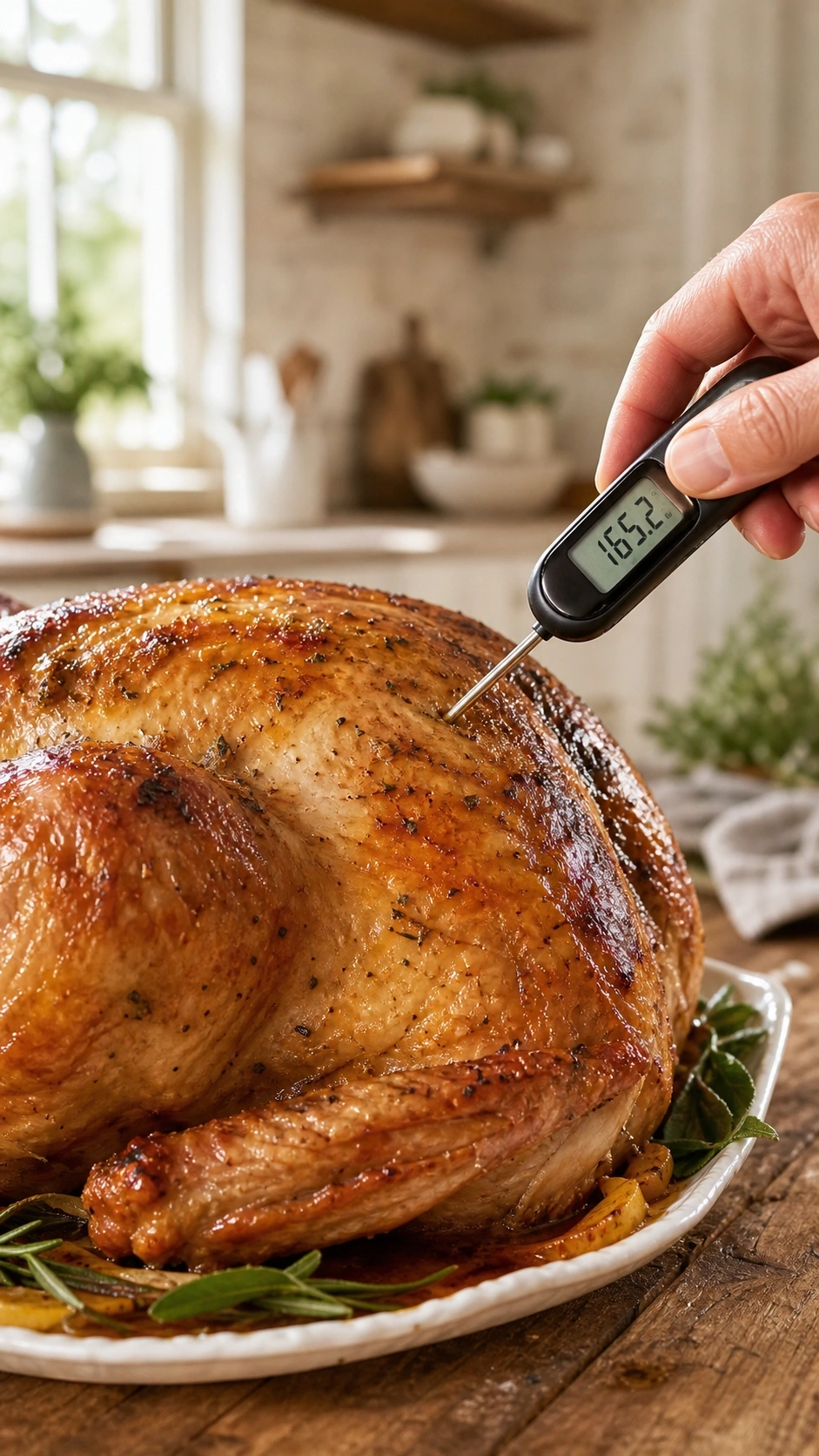 Digital meat thermometer measuring the internal temperature of a perfectly roasted, golden-brown turkey thigh.
