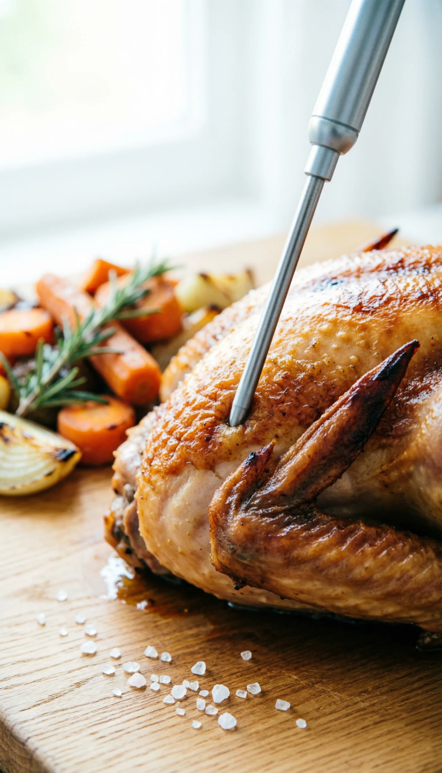 Digital meat thermometer probe inserted into a glistening roasted turkey thigh on a wooden carving board to check temp.