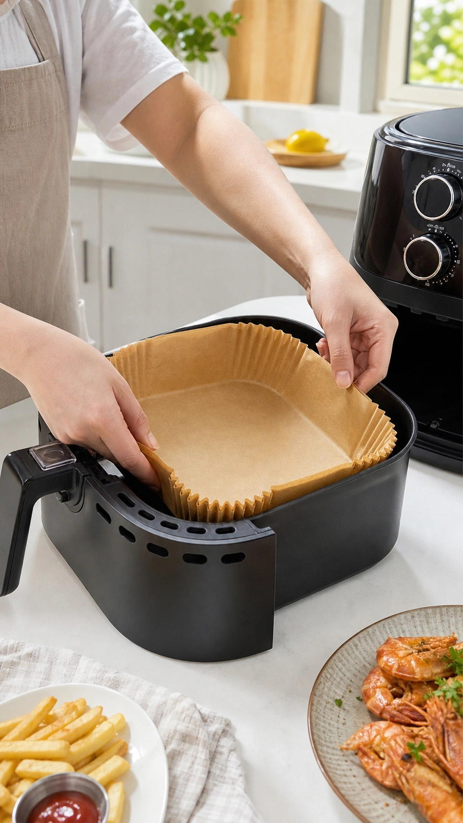 An 8-inch square disposable air fryer liner inside an air fryer basket, holding greasy BBQ chicken wings.