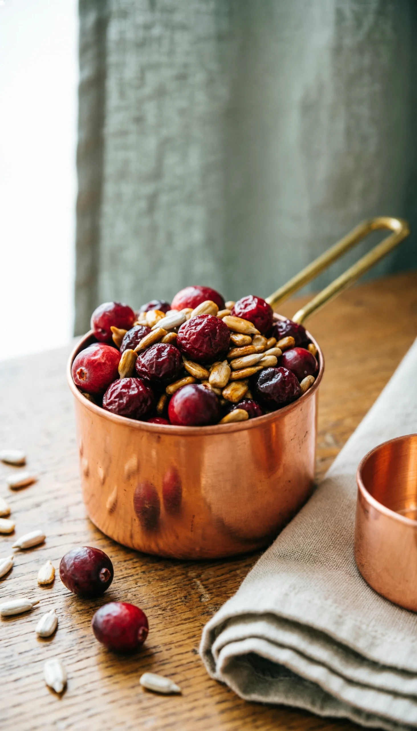 Dried ruby red cranberries and toasted sunflower seeds overflowing from a copper measuring cup on a wood table.