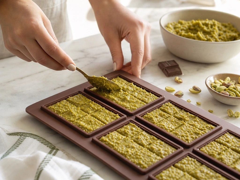 Testing setup showing silicone mold on a kitchen counter, half-filled with tempered chocolate, next to a bowl of pistachio cream and a pastry bag.