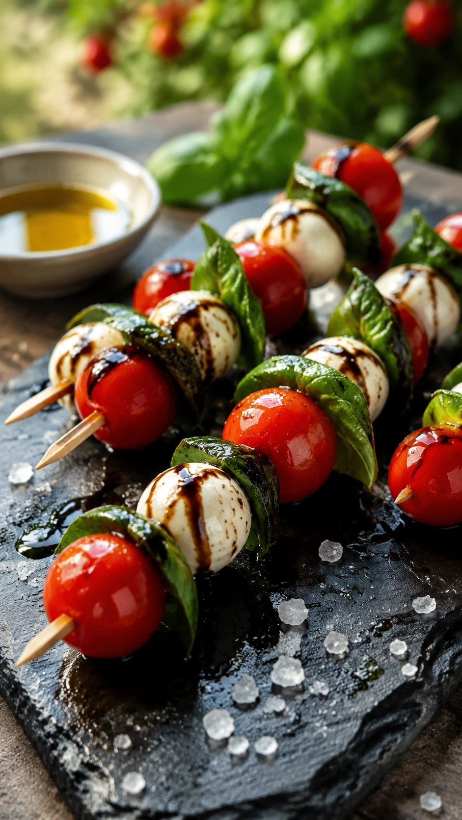 Elegant Caprese salad skewers with mozzarella, basil, and balsamic reduction on a minimalist slate board.