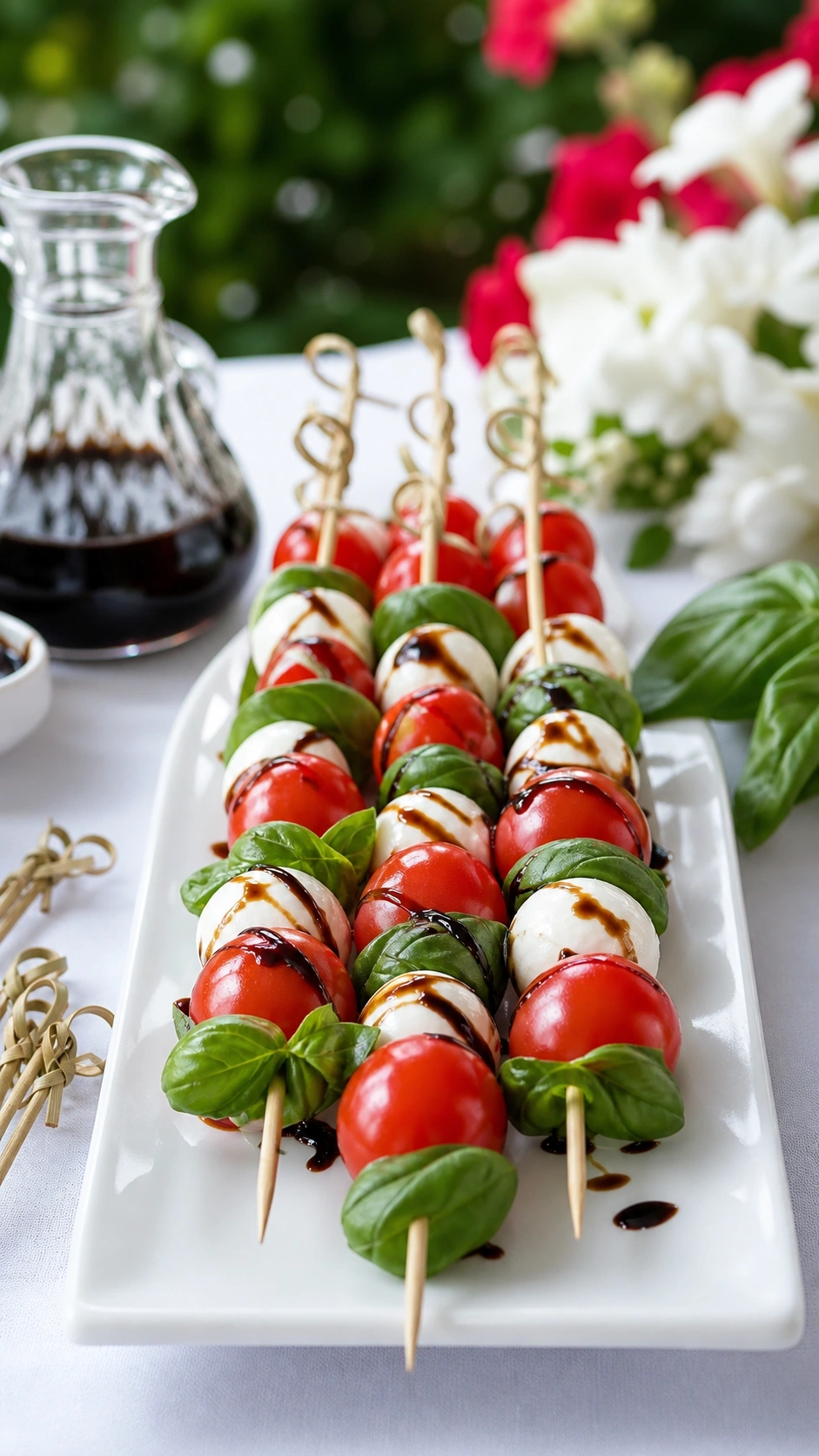 Elegant Caprese skewers with mozzarella pearls and balsamic glaze on a white ceramic platter for a garden party.