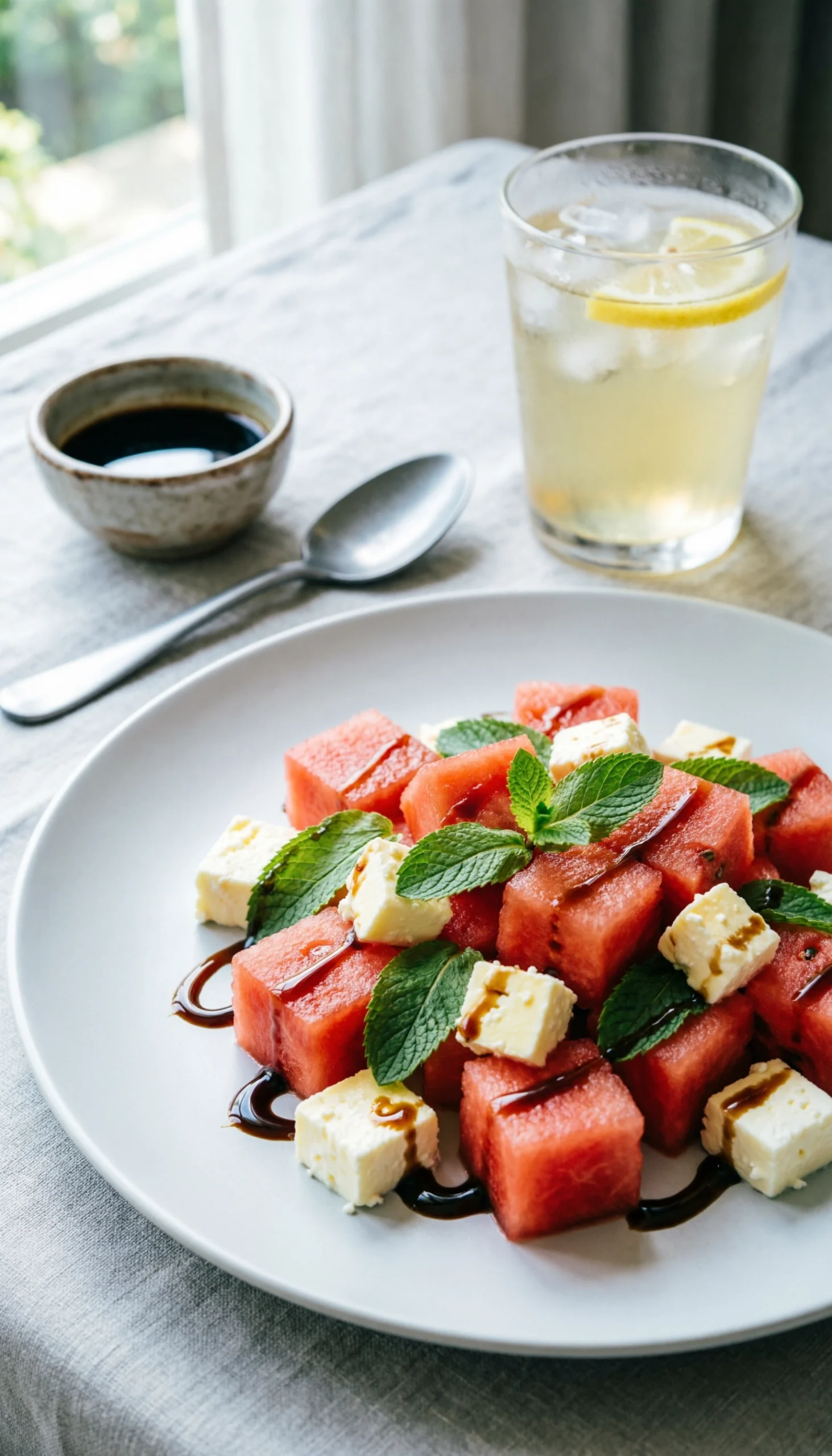 Elegant watermelon feta salad with mint and balsamic glaze on a white platter, resting on a slate board for outdoor dining.