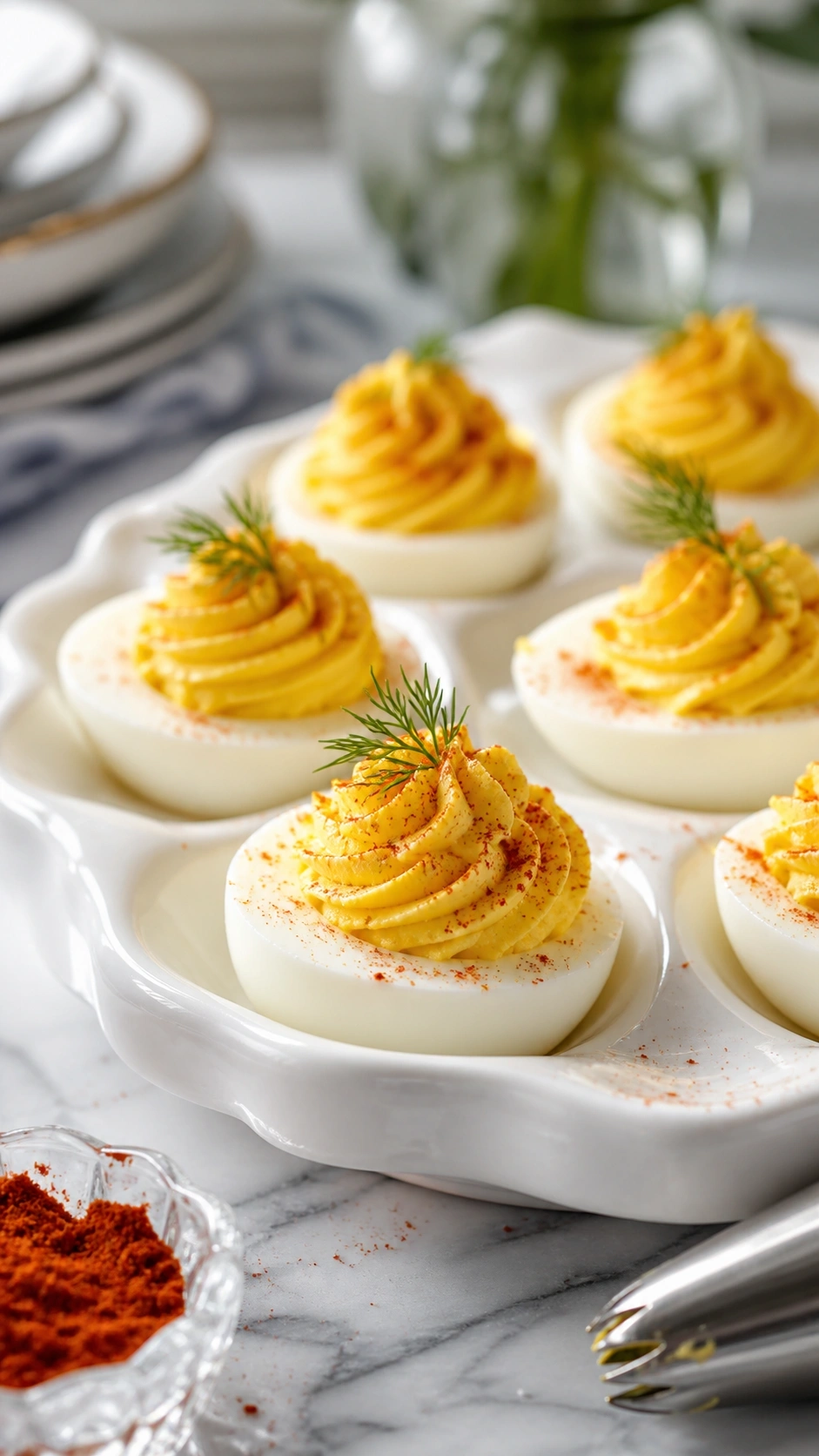 Elegantly piped deviled eggs garnished with paprika and fresh dill on a white ceramic platter over a marble counter.