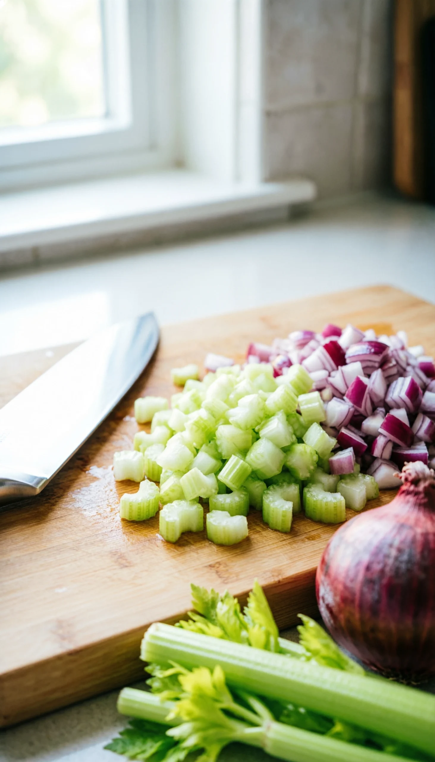 Finely diced celery and red onion on a bamboo cutting board next to a chef’s knife in a bright kitchen.