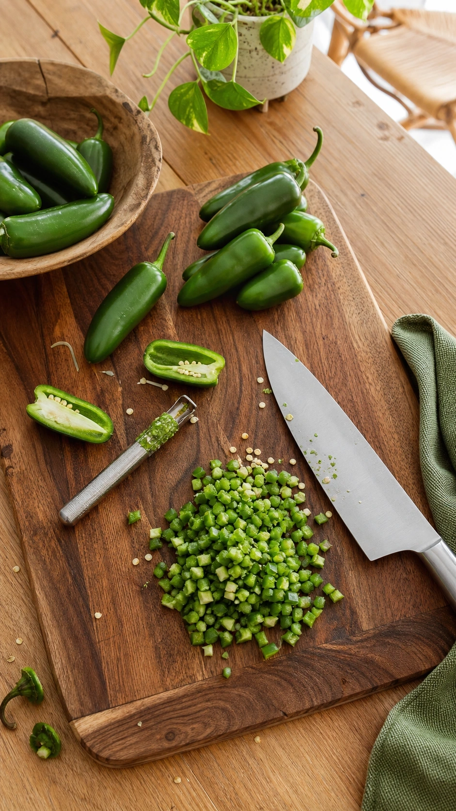 Finely diced green jalapeño peppers on a walnut wood cutting board with a stainless steel chef’s knife.